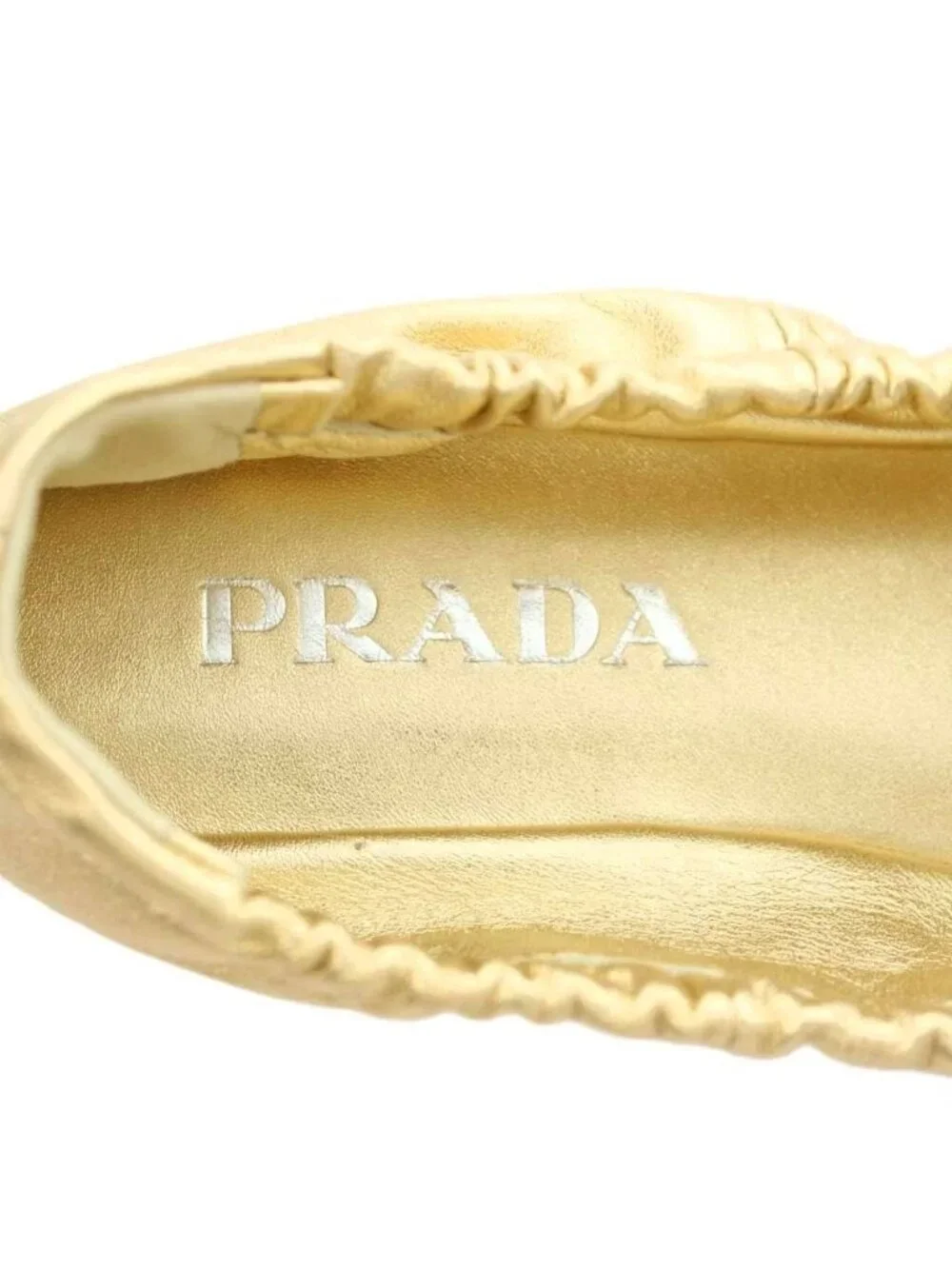 Prada Mordre Leather Flat Shoes Ballet Ribbon Round Toe Gold Color Black BB